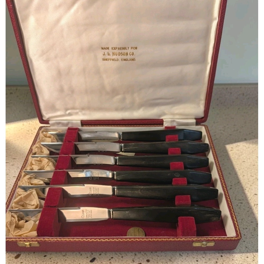 MCM Sheffield England JL Hudson 6 Steak Knife Buffalo Horn Handle Original‎ Box